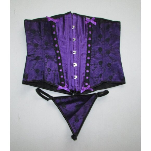 Purple Satin Black Lace Underbust Waist Cincher Corset Set - NEW - Picture 5 of 10